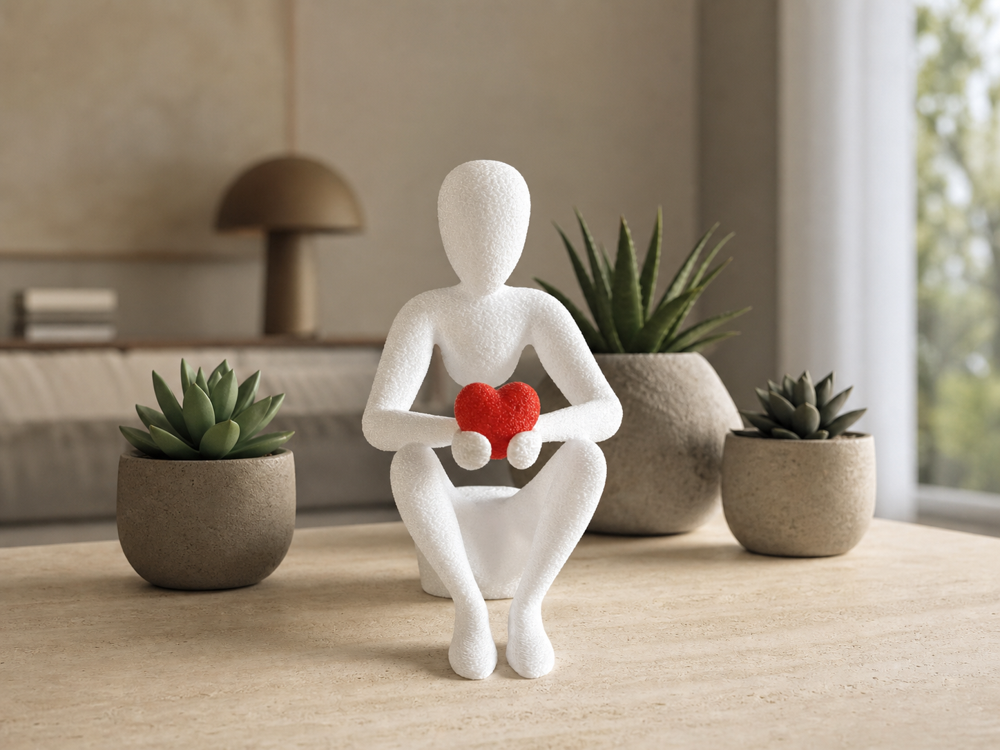 White heart-holding figurine styled as a premium tabletop centrepiece with potted succulents